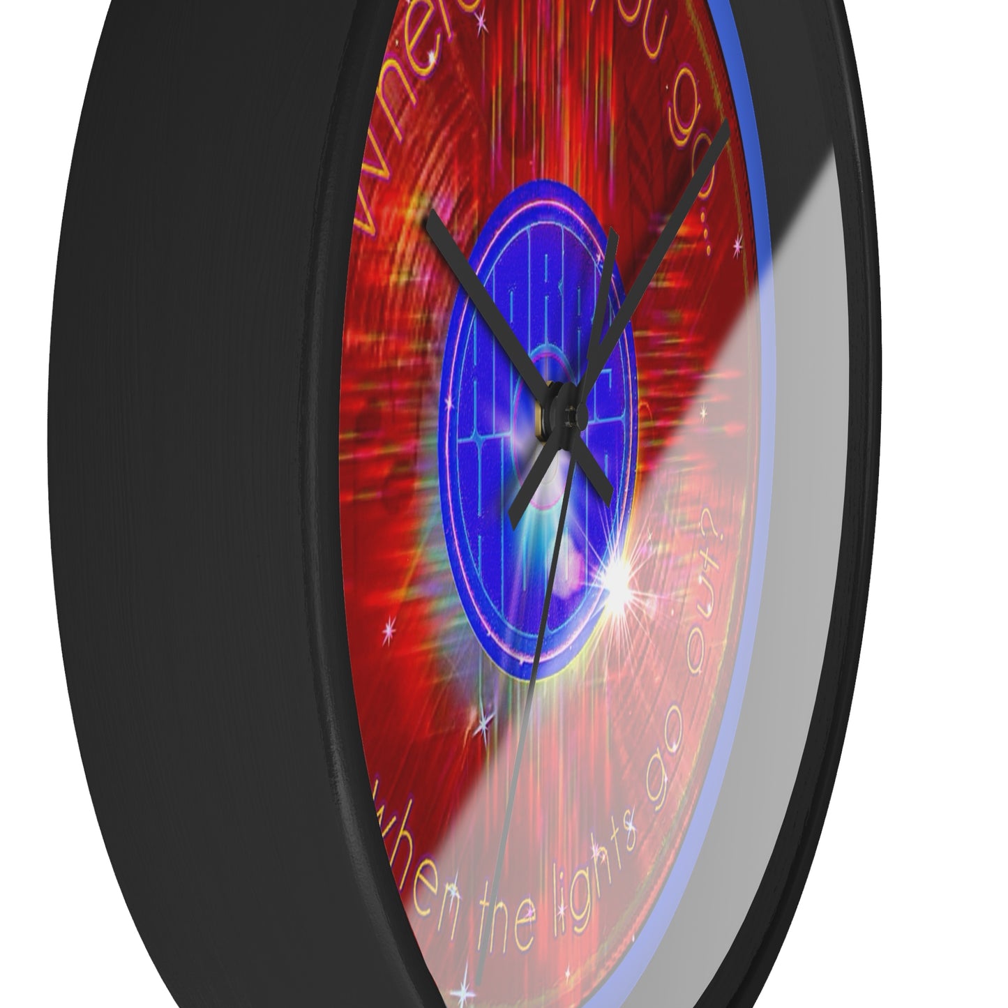 Lumpy Wall Clock - "Harry Hoodlum Donut Clock" - variant 1 - red vivid/word donut w/royal blue background