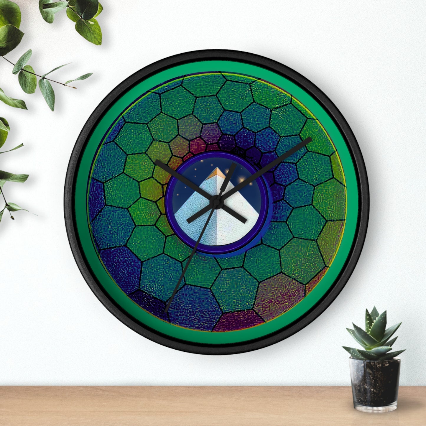 Lumpy Wall Clock - "Limestone Donut Clocks so Large" - variant 7 - green hexadonut w/navy blue background