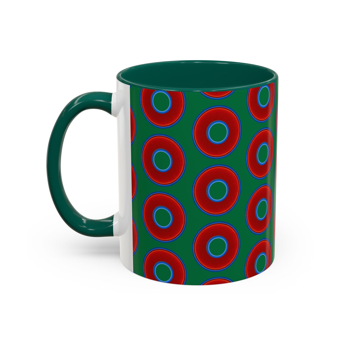 Lump's Grumpy Coffee Mug - vivid red donuts w/green background