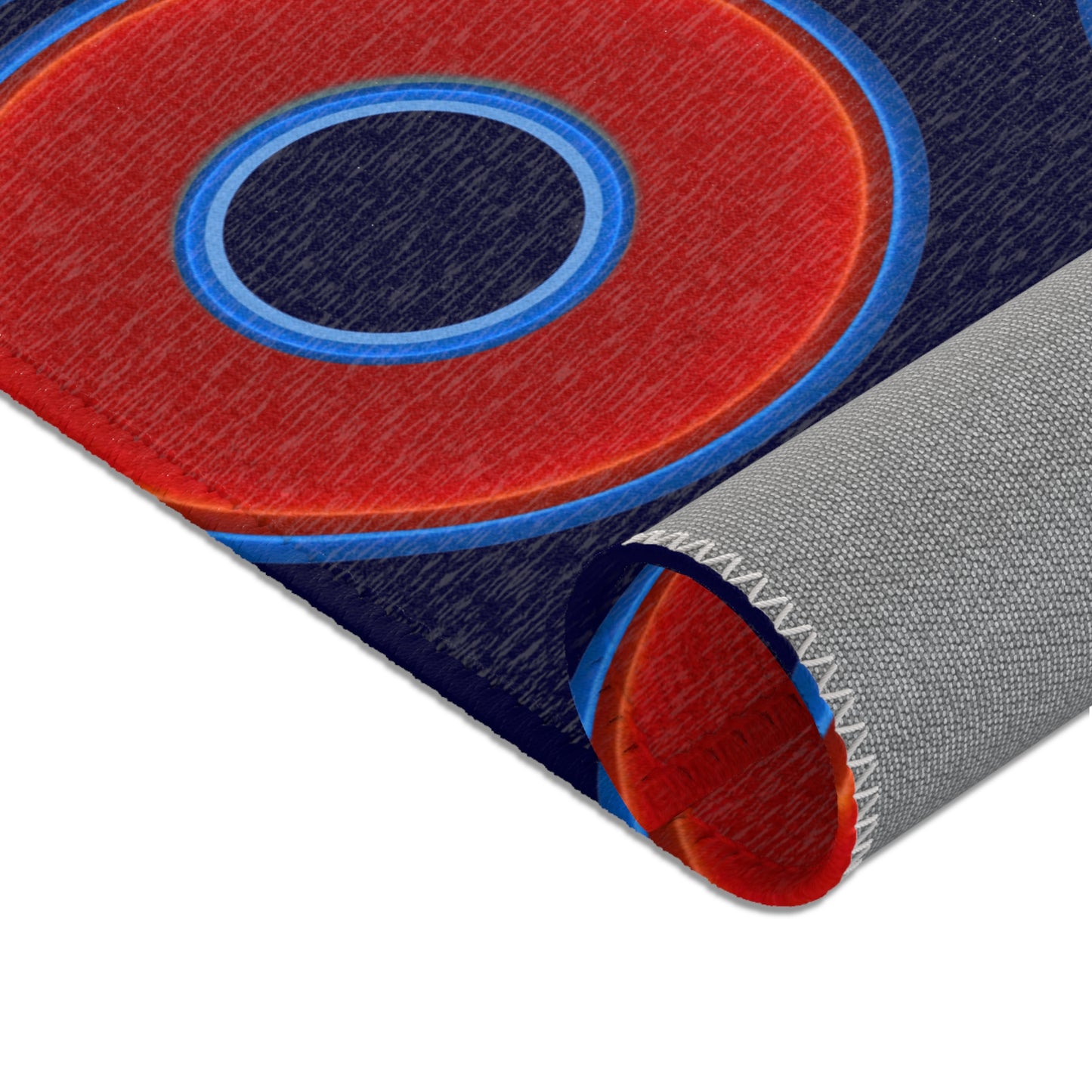 Lumpy Donut Print Rug - choice of 3 sizes - vivid red donut print w/midnight blue background