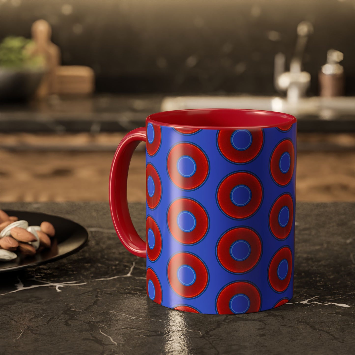 Lump's Grumpy Coffee Mug - vivid red donuts w/royal blue background