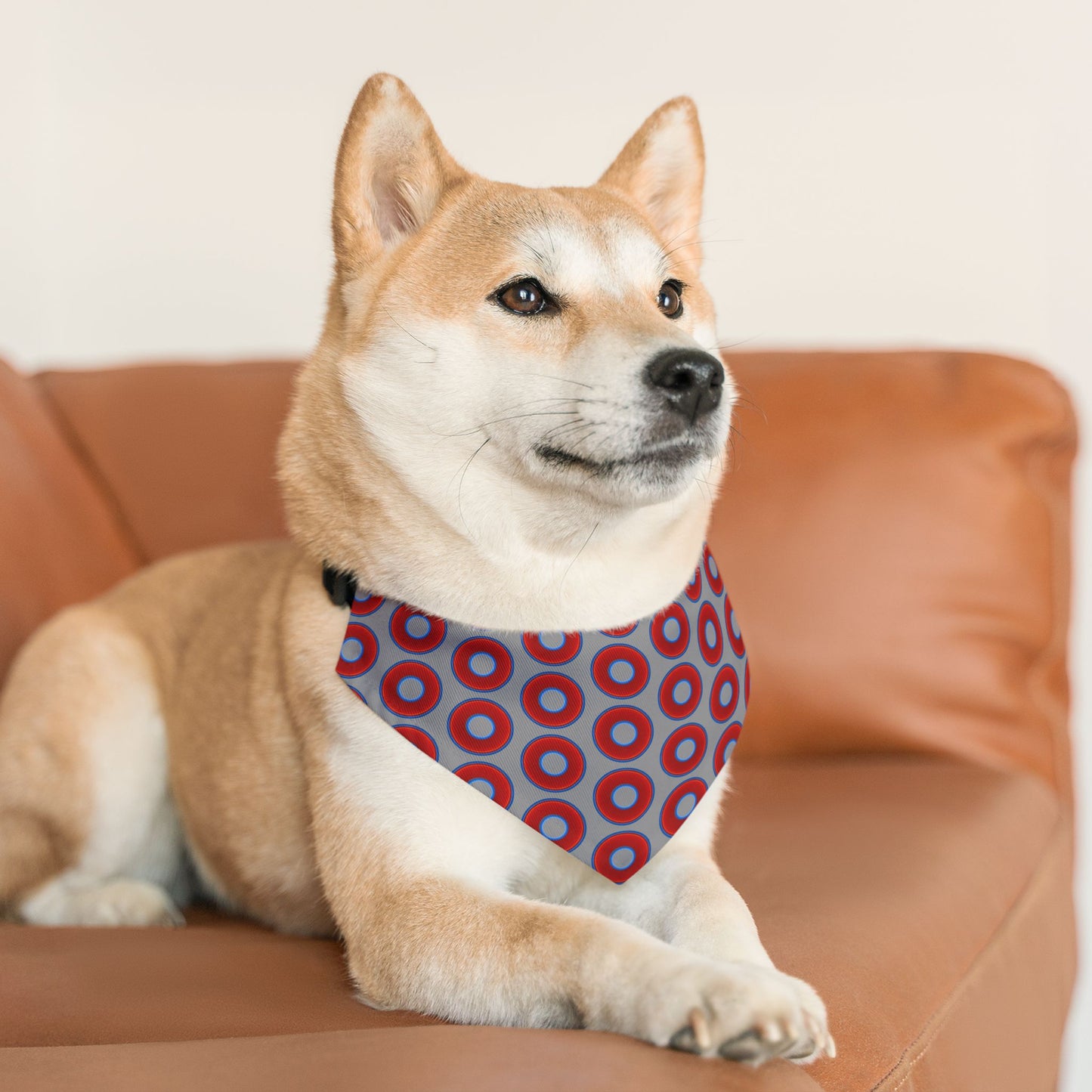Jim's Lumpy Bandana Pet Collar - vivid red donuts w/gray background