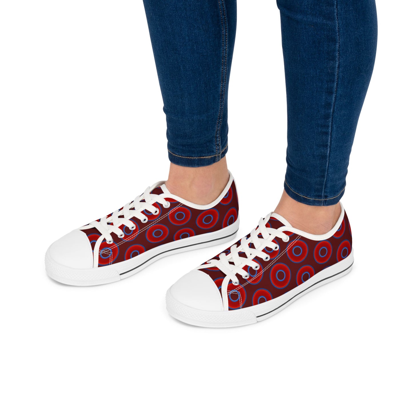 Women's - Low Top Chuck Taylors - large vivid red donut print w/dark red background
