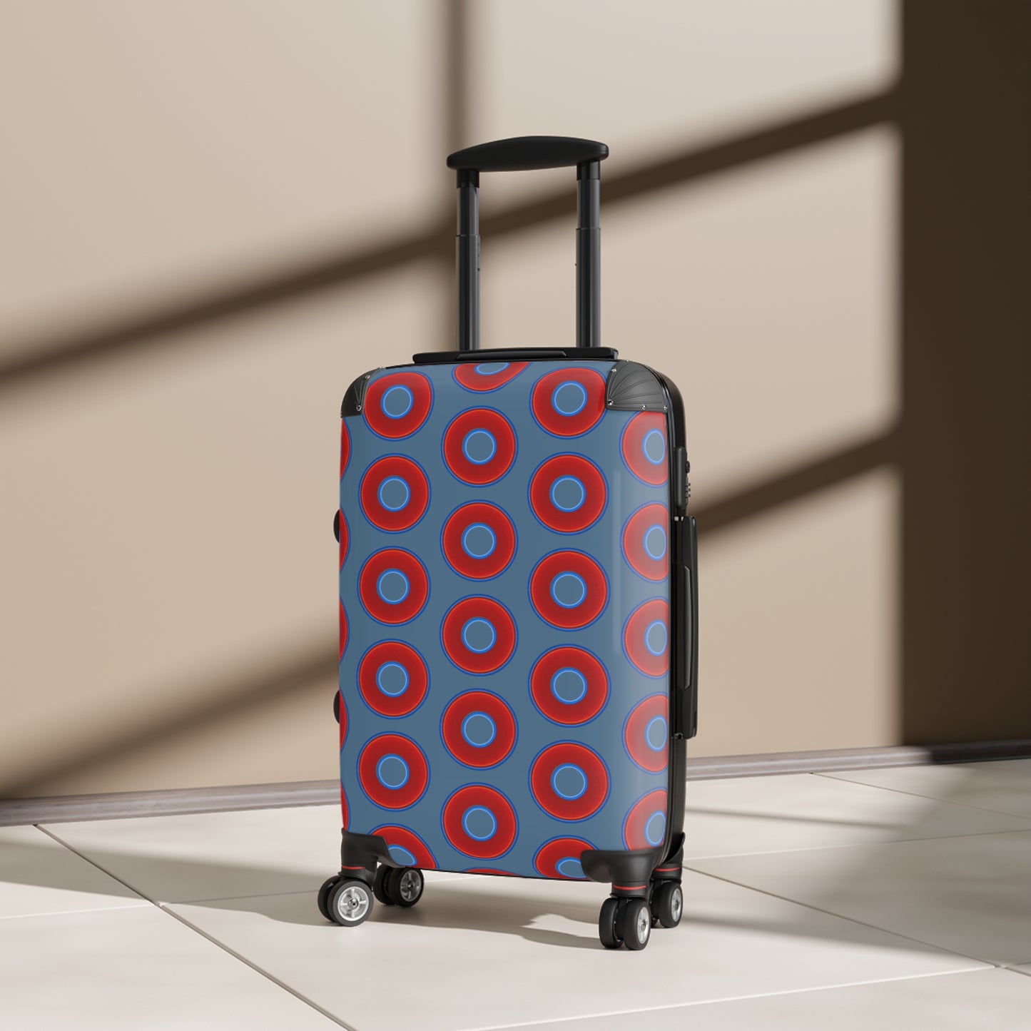 The Very Lumpy Donut Suitcase series - your choice of S, M or L - vivid red donut print w/steel blue background