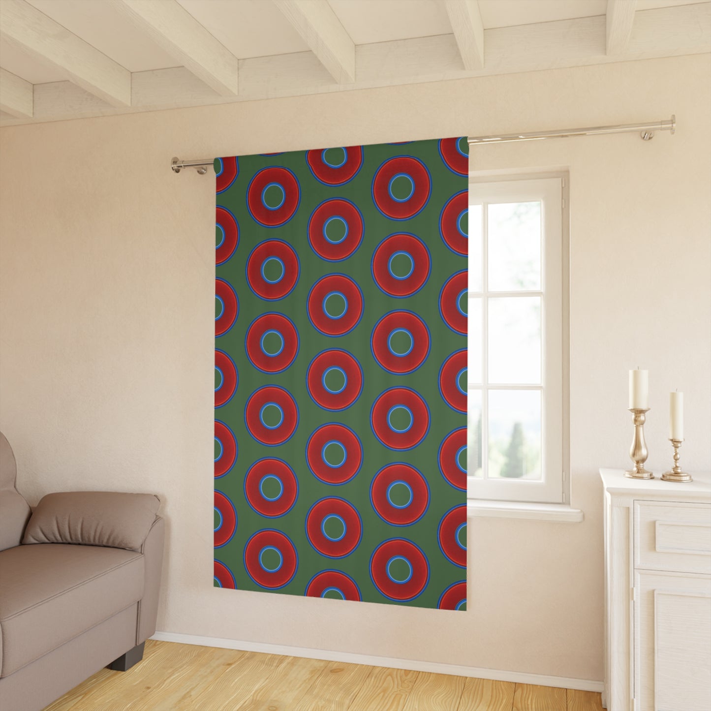 Lump's Heady Curtain w/Donuts - vivid red donut print - w/Fenway green background - [*1 Piece / 50" x 84"]