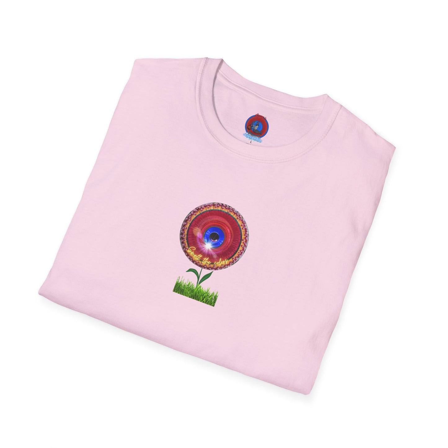 Classic Donut Tee - Unisex Soft-Style - "Smell the Donuts Outside on my Lawn"  " variant 2 - blue donut on red donut/flower