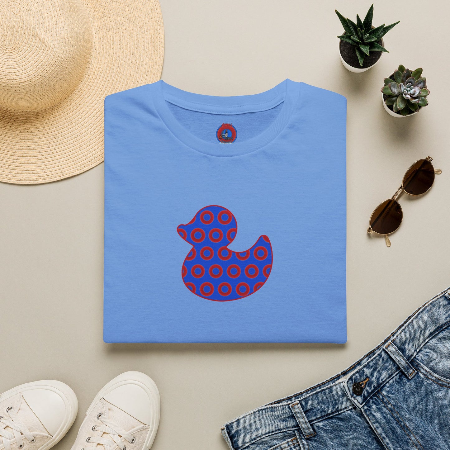Classic Donut Tee - Unisex Soft-Style - "Rubber Ducky Bath Time Donut" - vivid red/blue donut pattern - variant 3