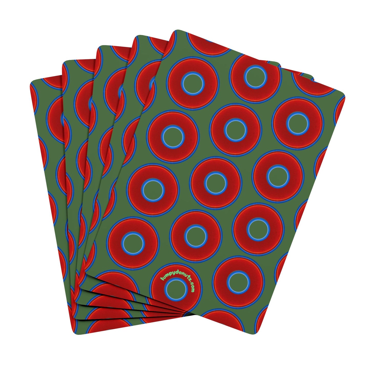 Lumpy Donut Playing Decks - 52-cards - red vivid donuts w/dark Fenway green background