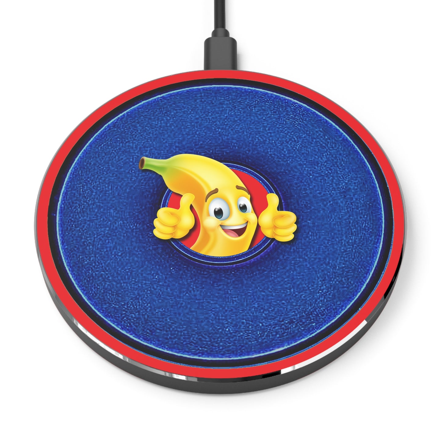 The Flow - Wireless Lumpy Donut Chargers - "This Wireless Power is Bananas" - vivid blue donut w/red background - variant 5