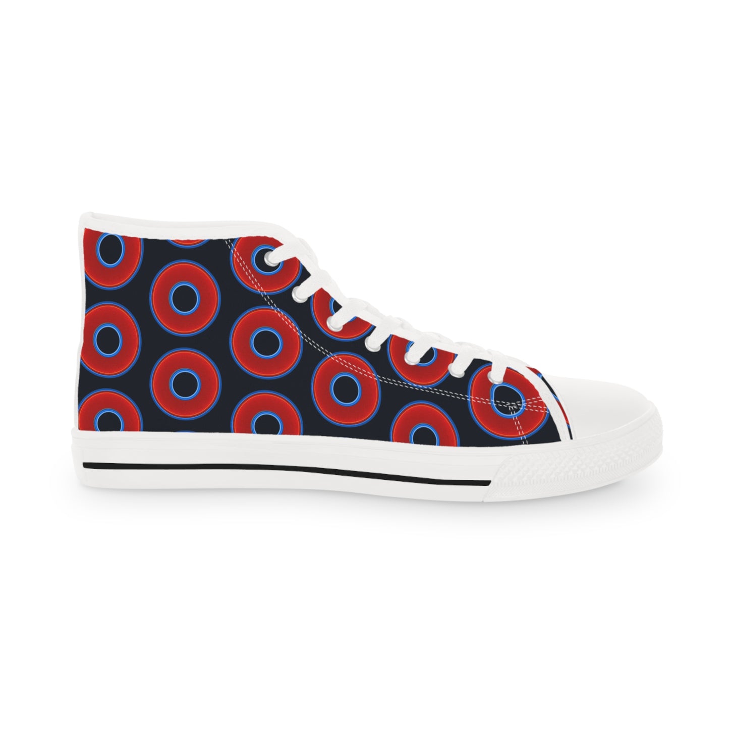 Men's High Top Chucks - large vivid red donut print w/blue charcoal background