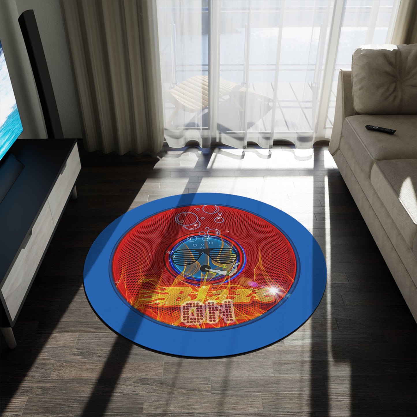 Round Room - 5 ft x 5 ft Lumpy Donut Rug - "Blazing Donut Rug" - red phatty donut w/dark royal blue background