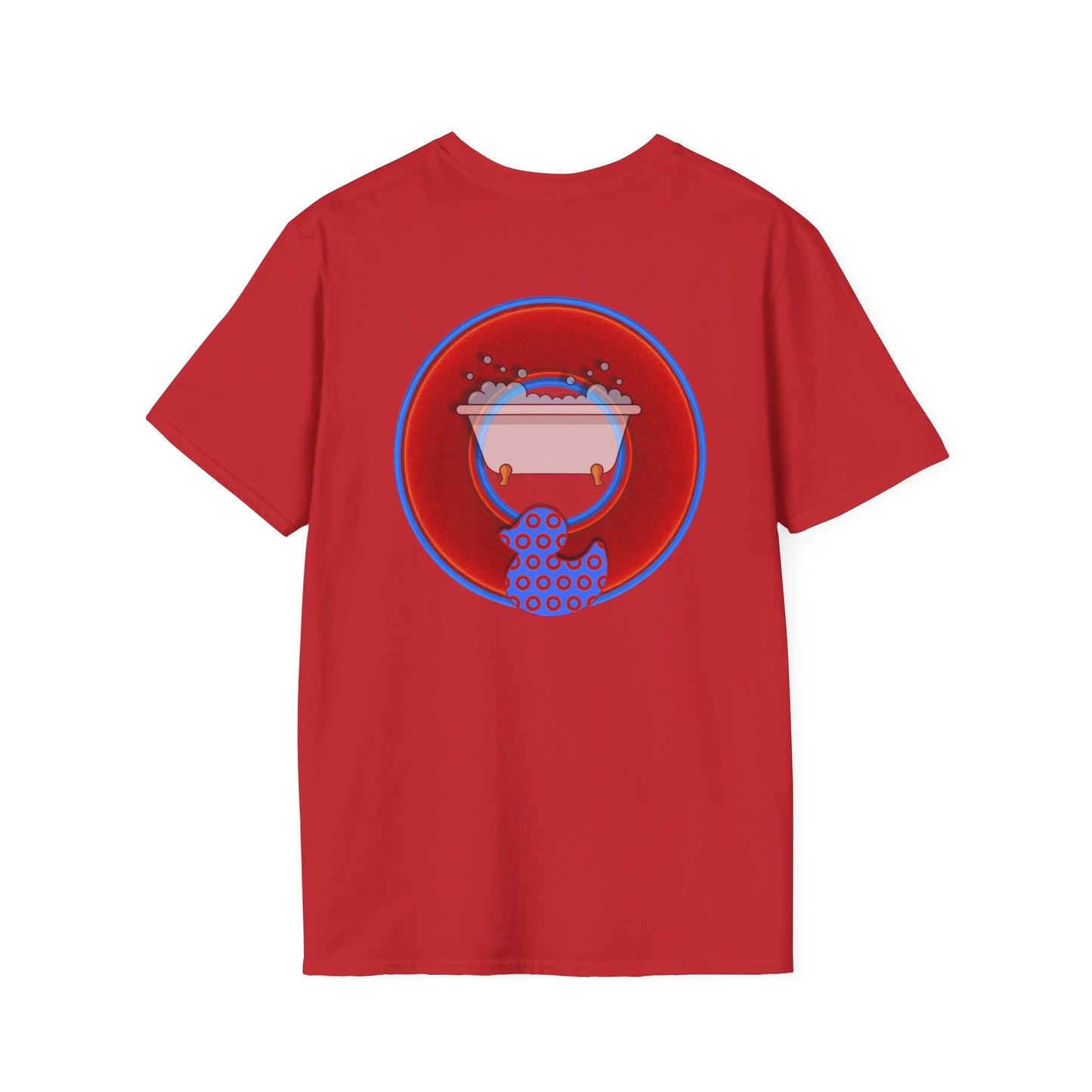 Classic Donut Tee - Unisex Soft-Style - "Rubber Ducky Bath Time Donut" - vivid red/blue donut - w/bathtub - variant 2