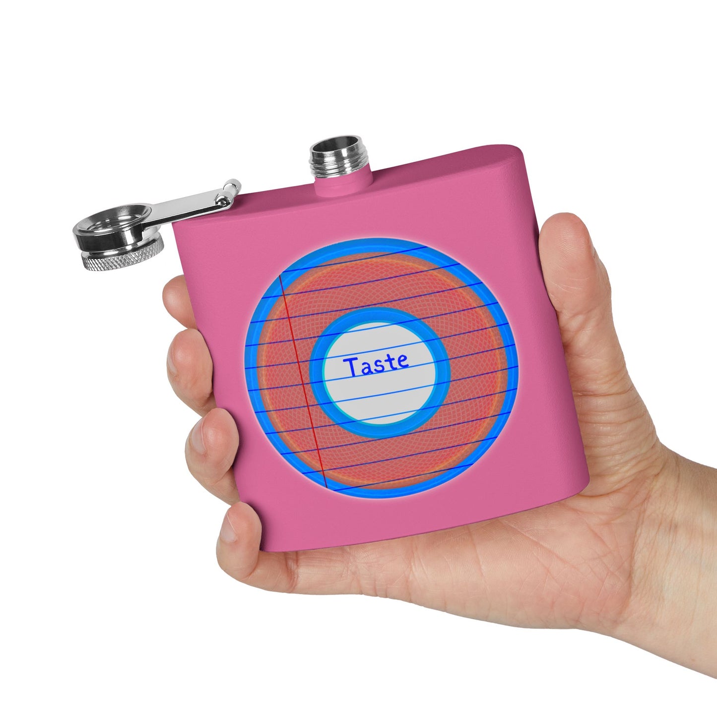 Lump's Donut Flask 6 oz -  "Tasty Flask Donut" - red/blue rustic donut - [*w/your choice of 6 backgrounds]