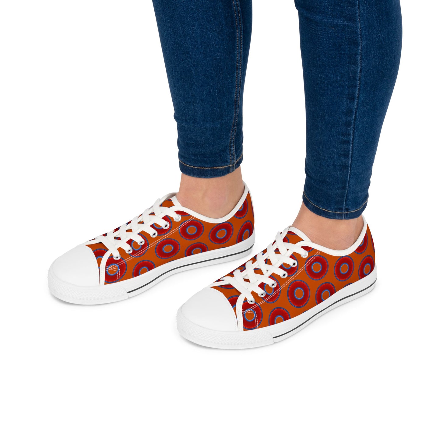 Women's - Low Top Chuck Taylors - large vivid red donut print w/dark orange background