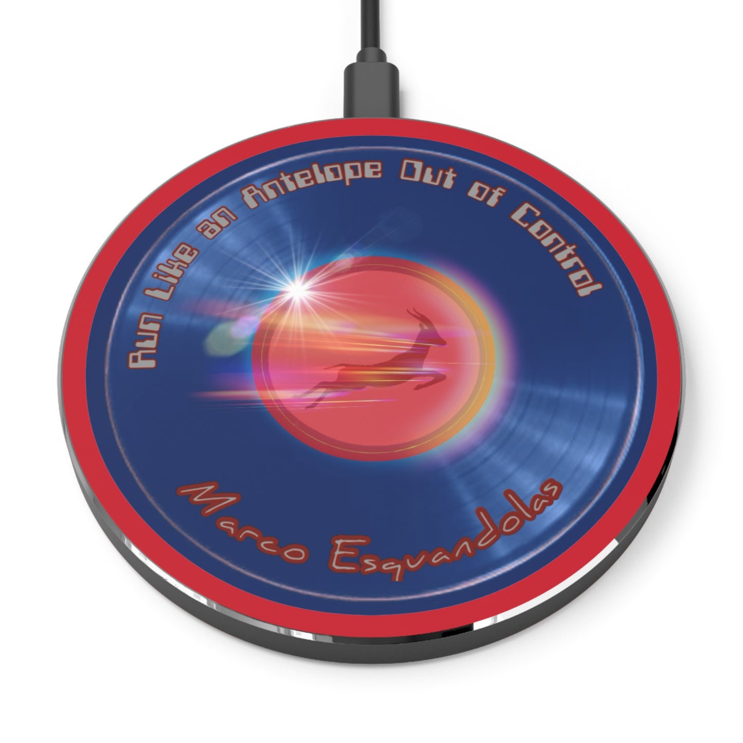 The Flow - Wireless Lumpy Donut Chargers - "Marco's Preferred Donut Charger" - vivid blue donut w/red background