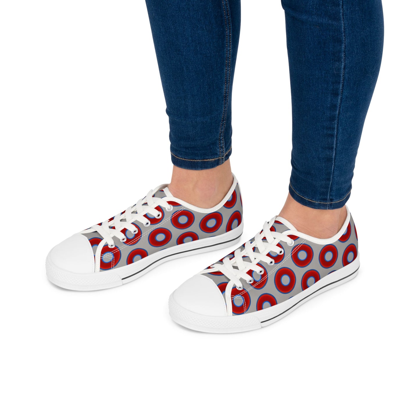 Women's - Low Top Chuck Taylors - large vivid red donut print w/light gray background