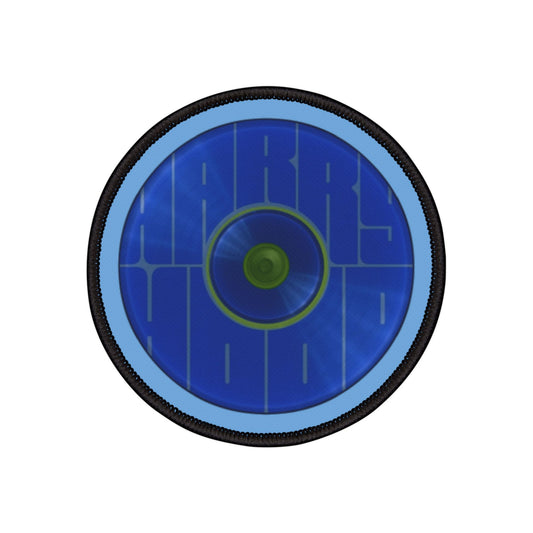 Iron-On Donut Patch - "Harry Hoodlum Donut Patch" - vivid blue word donut - variant 5