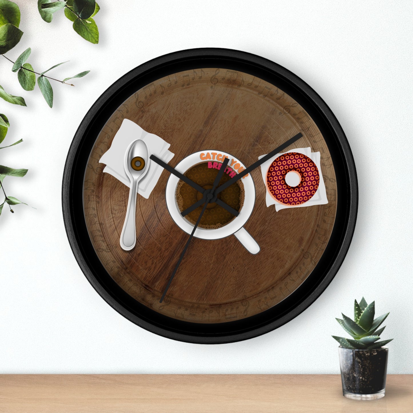 Lumpy Wall Clock - "It's Time for Coffee & Donuts" - wooden/table donut w/black background