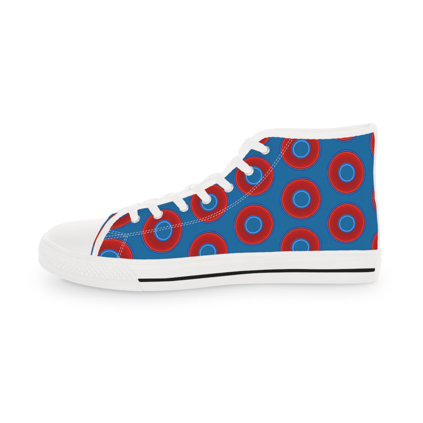 Men's High Top Chucks - large vivid red donut print w/wavy navy blue background