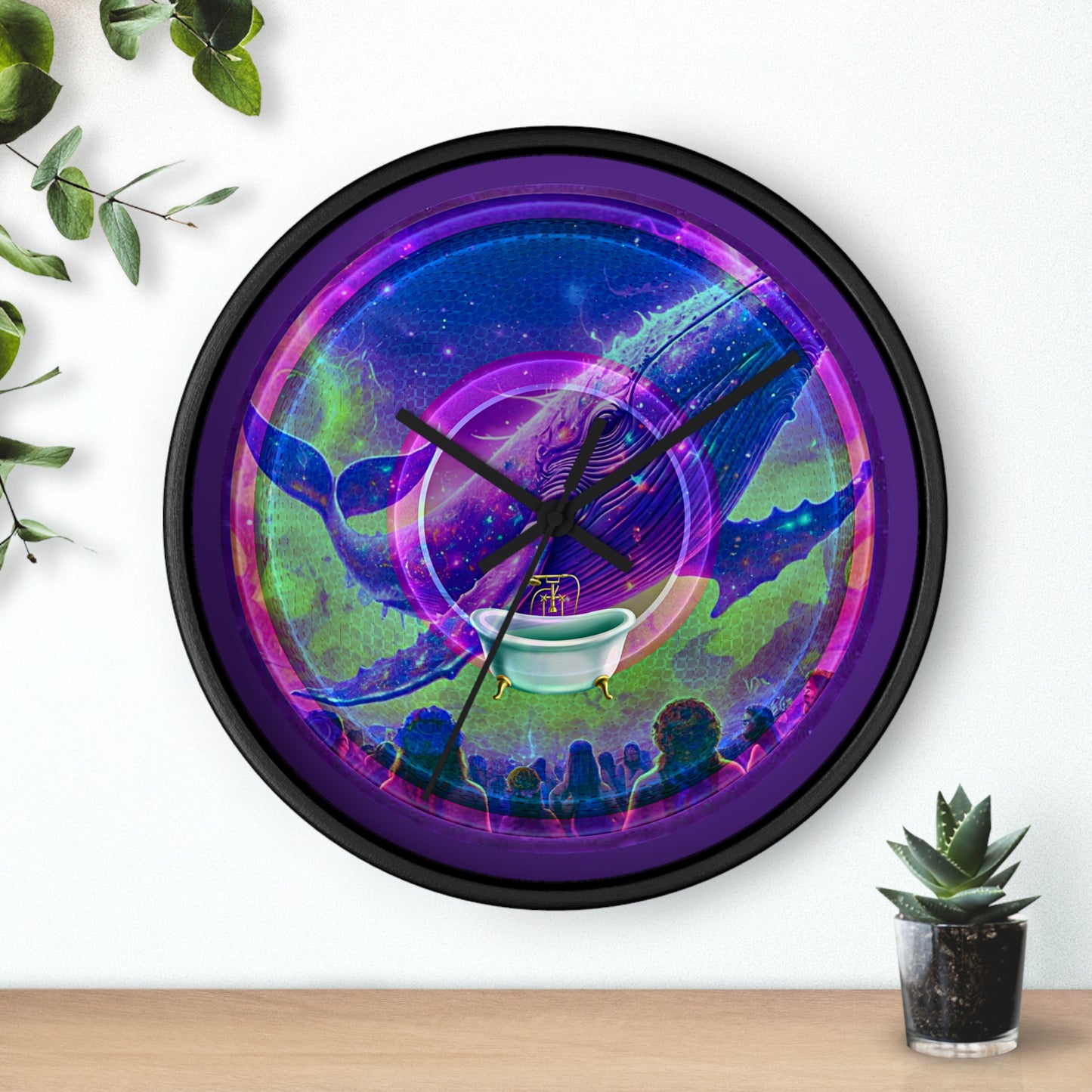 Lumpy Wall Clock - "Whale of a Good Donut Clock" - variant 2 - purple/green/blue pic donut w/purple background
