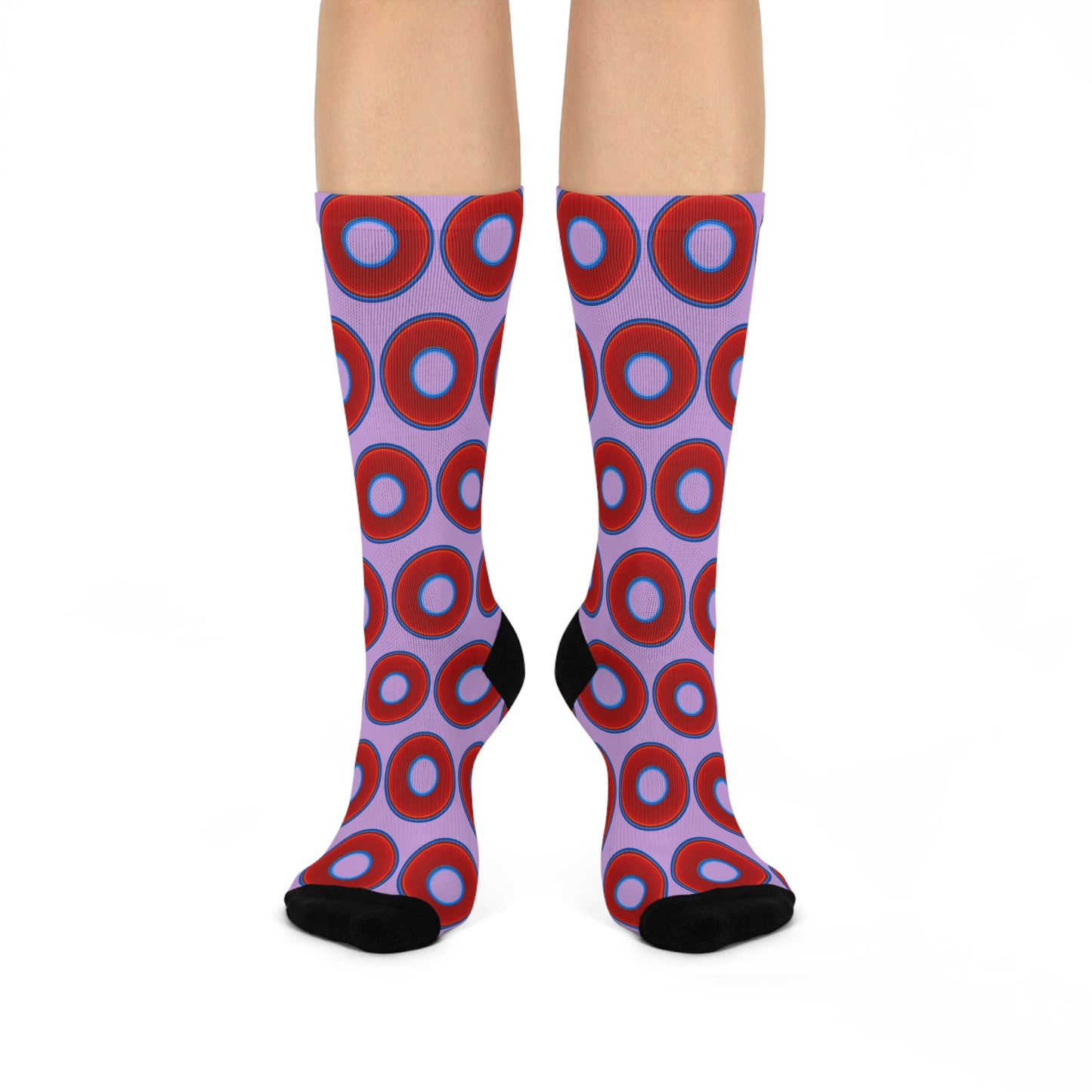 Lumpy Sox - cushioned crew - vivid red donut print w/wisteria purple background