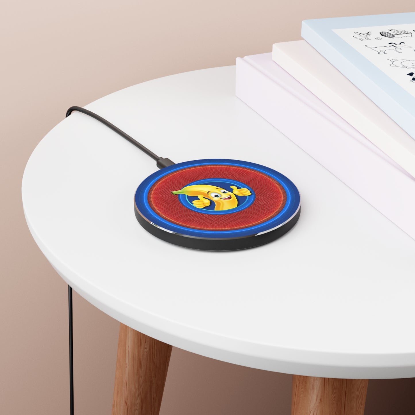The Flow - Wireless Lumpy Donut Chargers - "This Wireless Power is Bananas" - rustic red donut w/dark blue background - variant 1