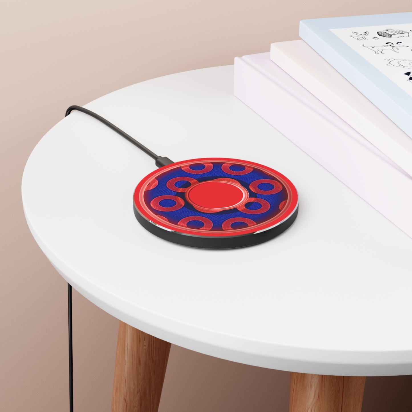 The Flow - Wireless Lumpy Donut Chargers - paradoxical rustic red/blue donut w/red background - variant 2