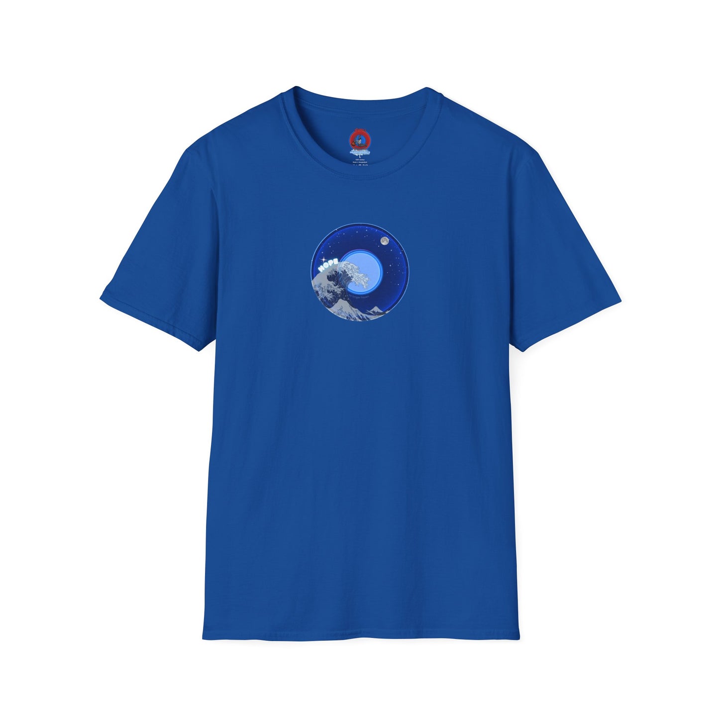 Classic Donut Tee - Unisex Soft-Style - "The Hopeful Waving Donut" - variant 2 - vivid blue donut