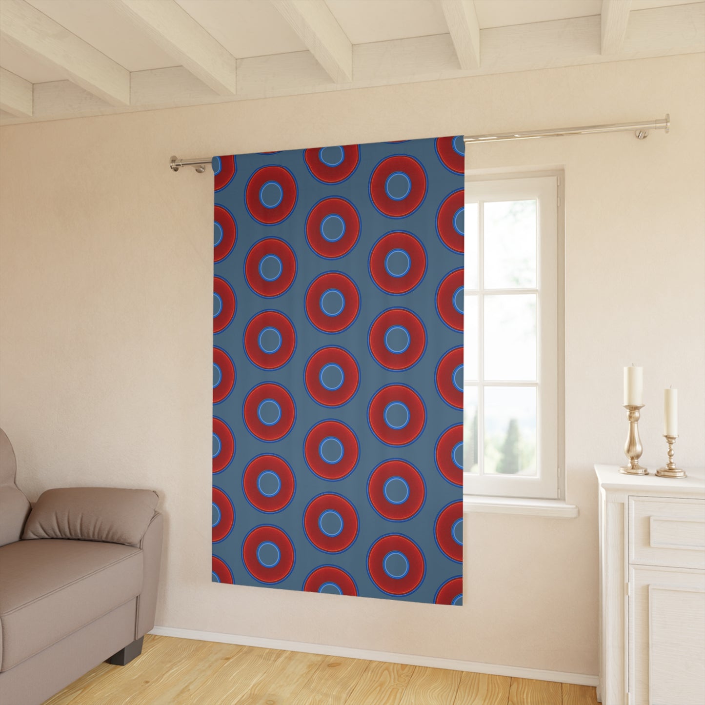 Lump's Heady Curtain w/Donuts - vivid red donut print - w/steel blue background - [*1 Piece / 50" x 84"]