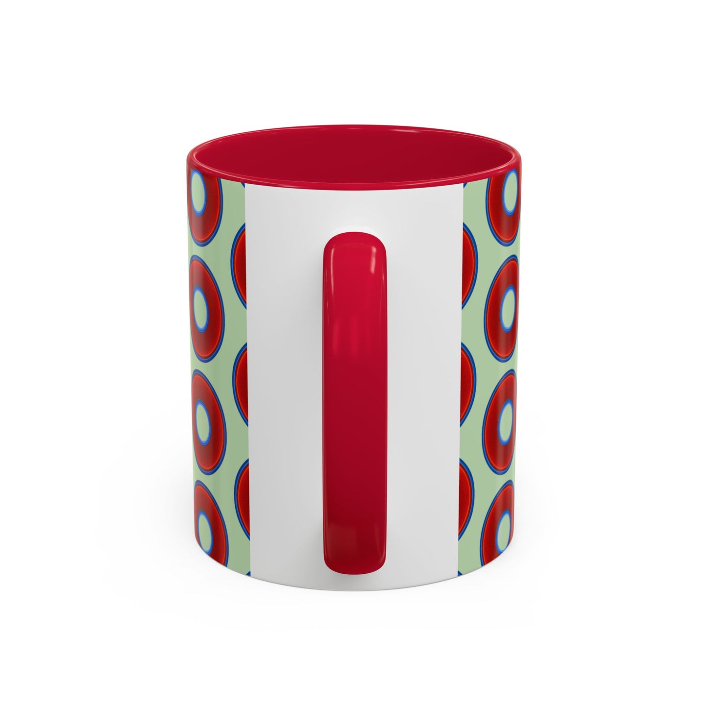 Lump's Grumpy Coffee Mug - vivid red donuts w/seafoam background