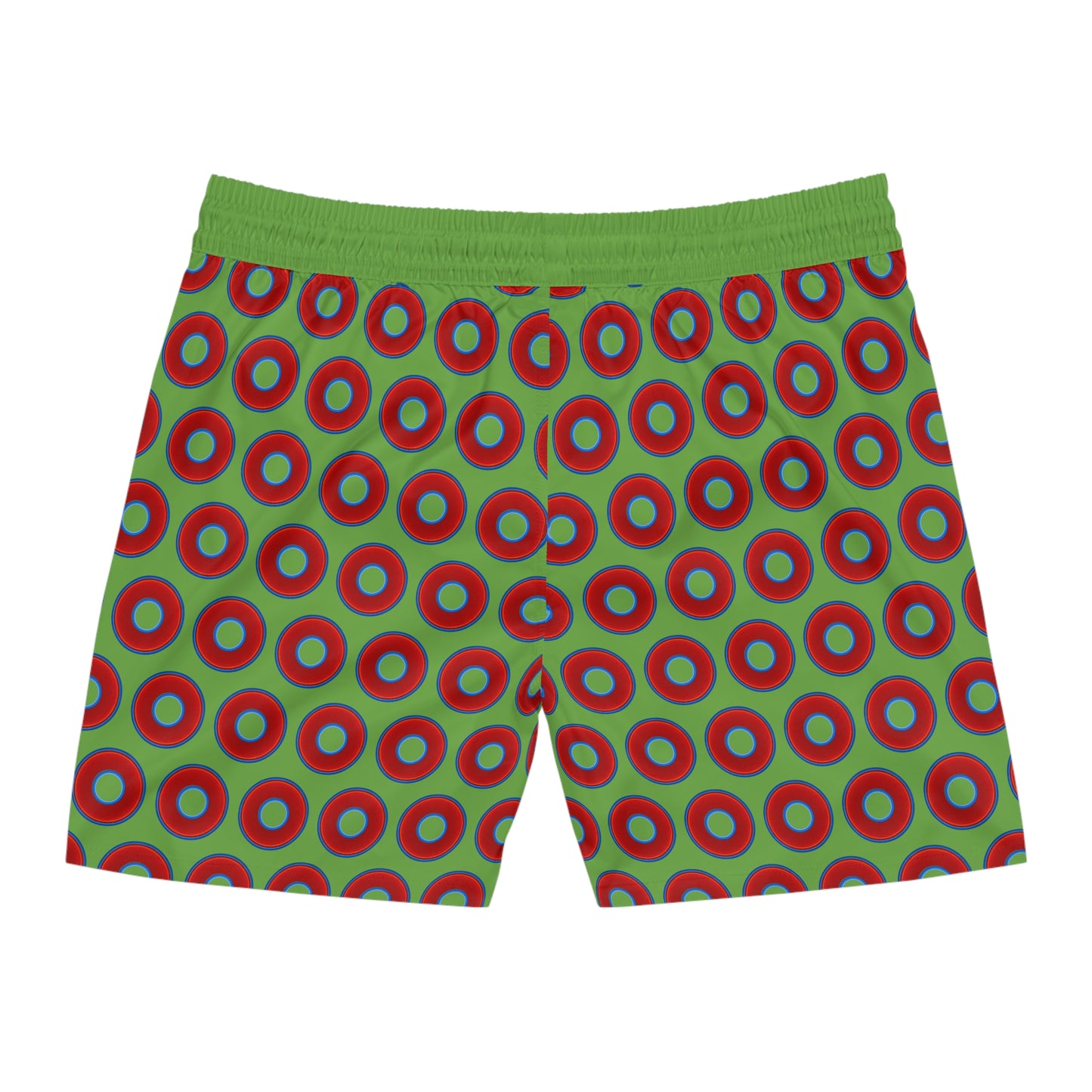 Men's Lumpy Swim Trunks - vivid red donut print w/light green background