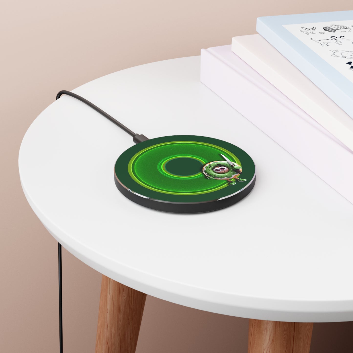 The Flow - Wireless Lumpy Donut Chargers - "My Phreind the Wireless Donut Charger" - vivid green donut w/deep pond green background - variant 4