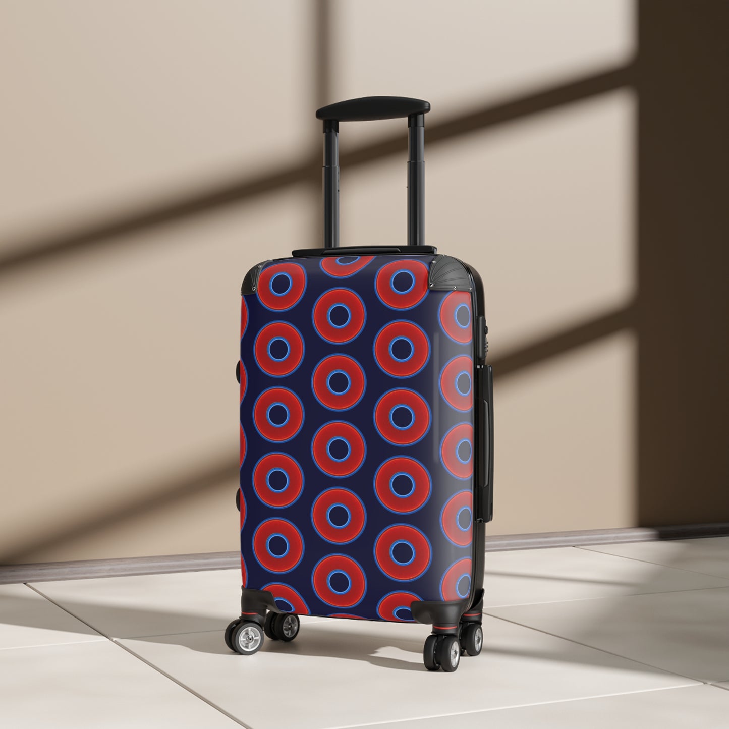 The Very Lumpy Donut Suitcase series - your choice of S, M or L - vivid red donut print w/midnight blue background