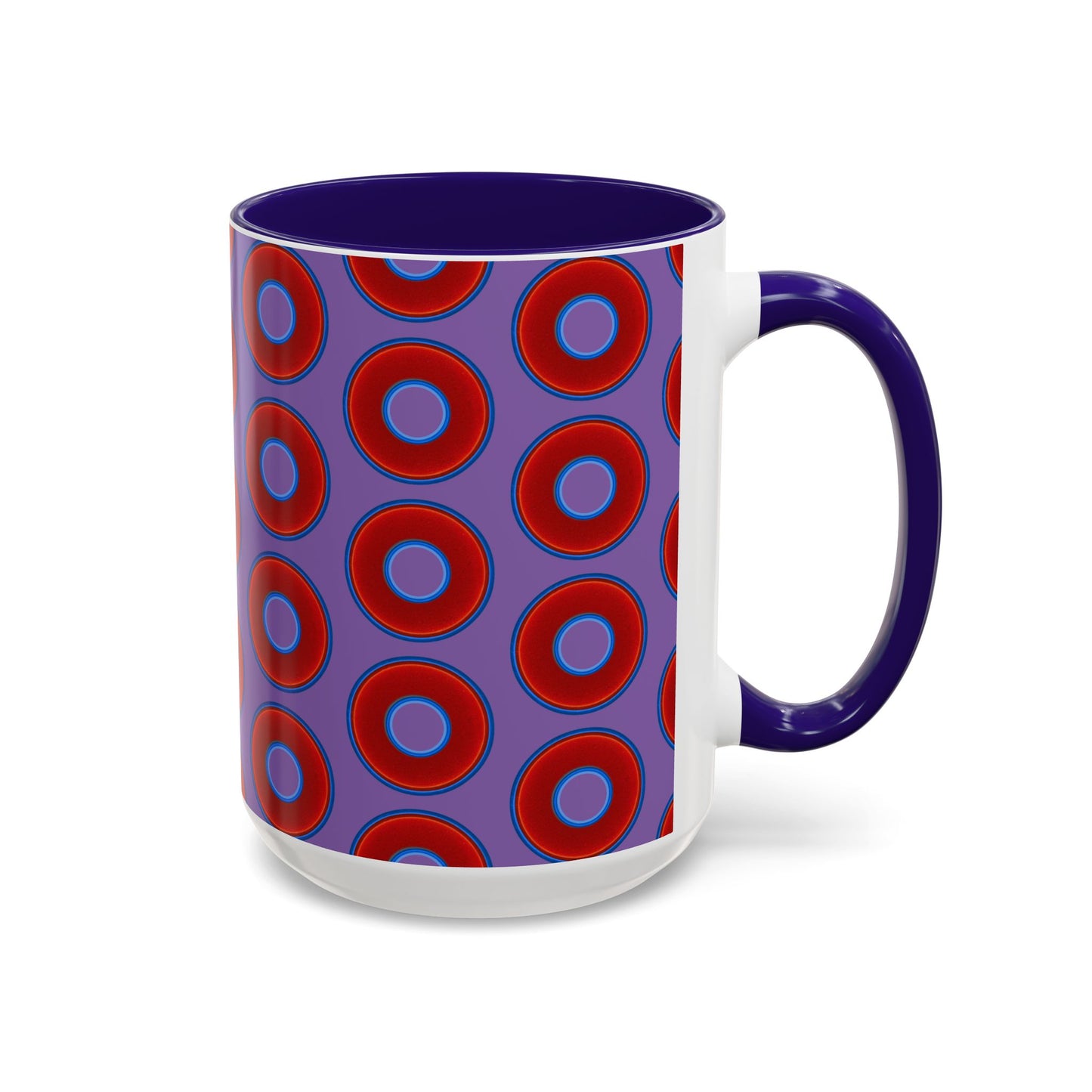Lump's Grumpy Coffee Mug - vivid red donuts w/light purple background