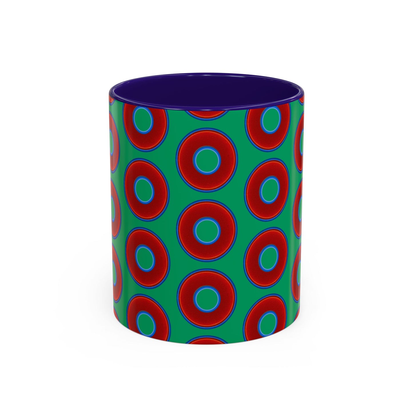 Lump's Grumpy Coffee Mug - vivid red donuts w/jade green background