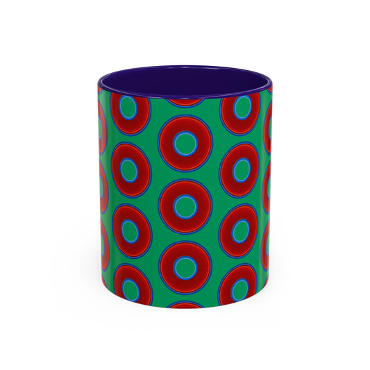 Lump's Grumpy Coffee Mug - vivid red donuts w/jade green background