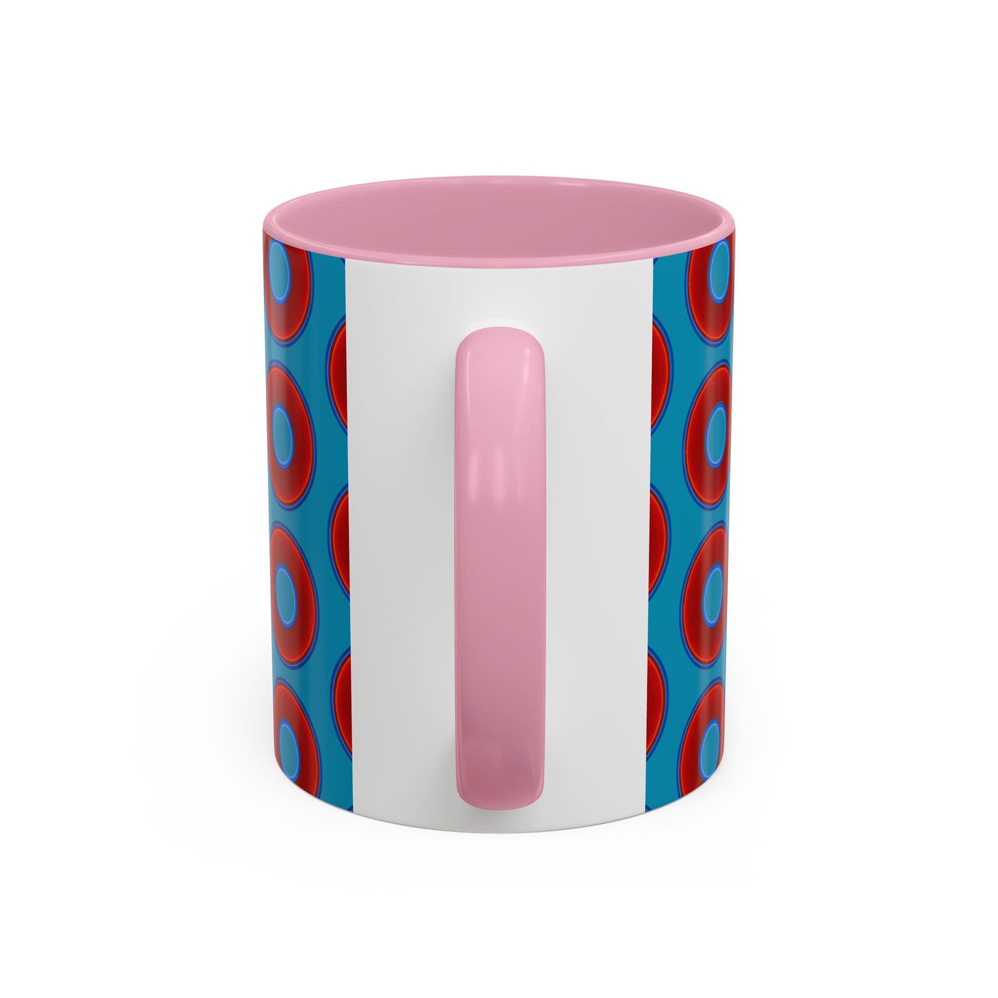 Lump's Grumpy Coffee Mug - vivid red donuts w/aquamarine blue background