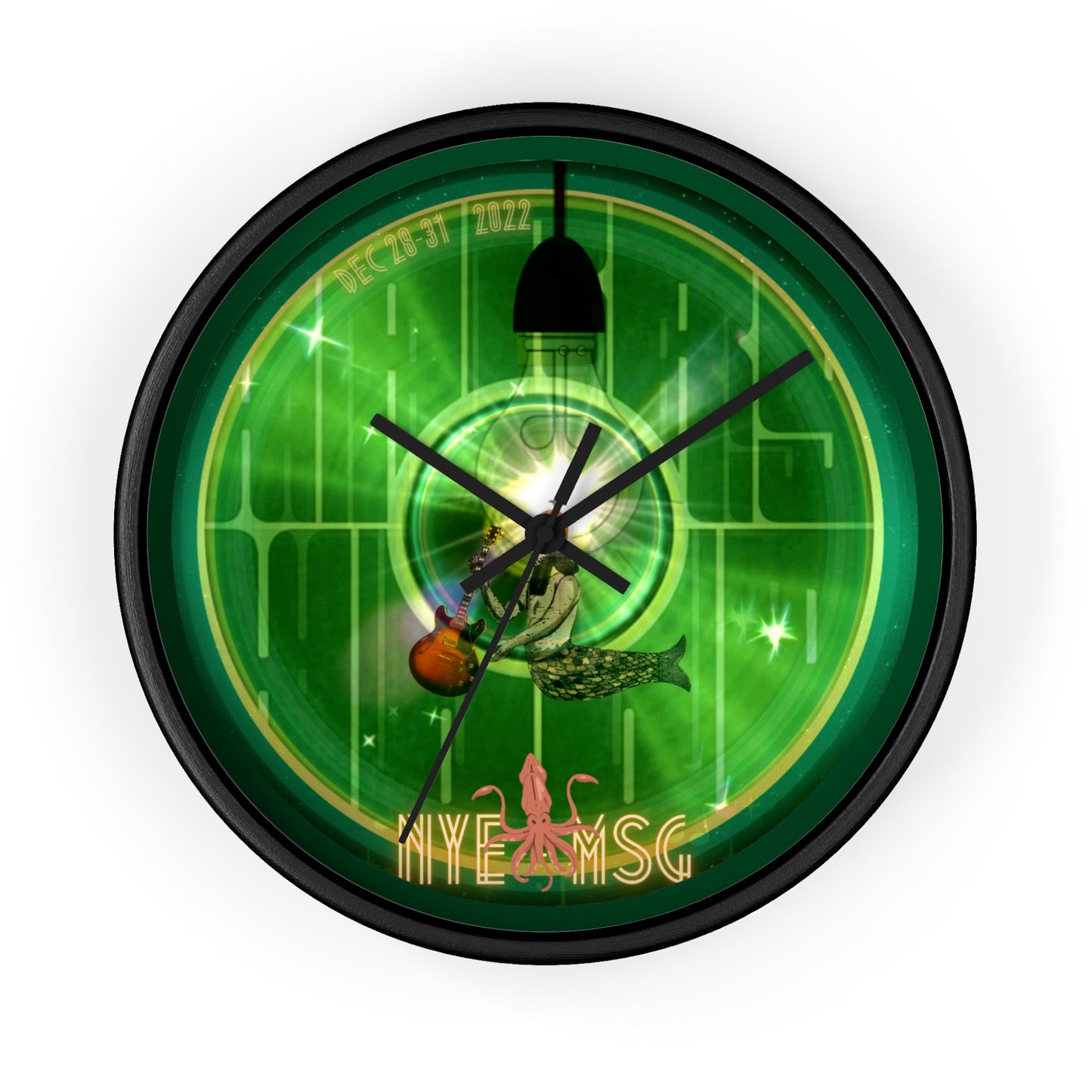 Lumpy Wall Clock - "There Was a party Dec 28-31 2022 in NYC" - vivid green word donut w/deep pond green background