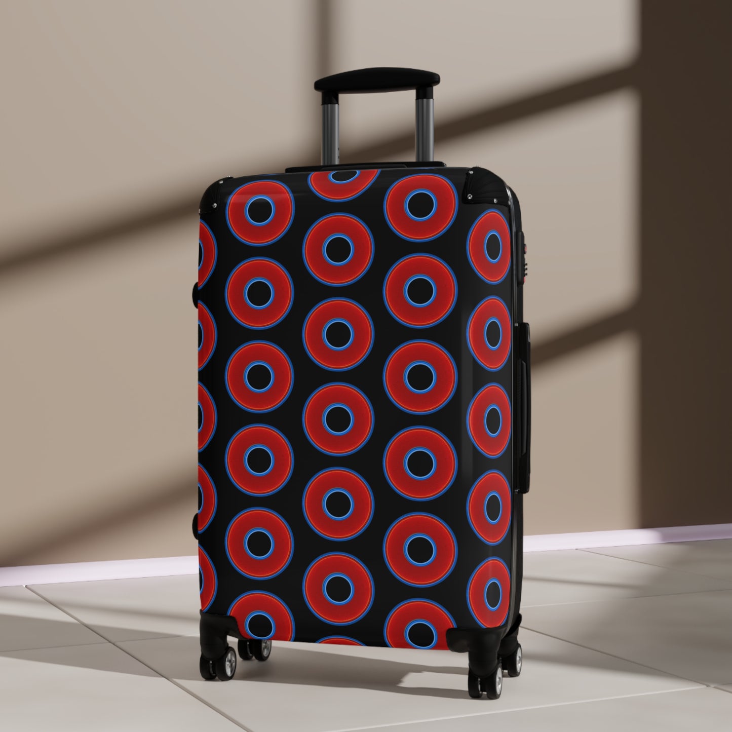 The Very Lumpy Donut Suitcase series - your choice of S, M or L - vivid red donut print w/black background