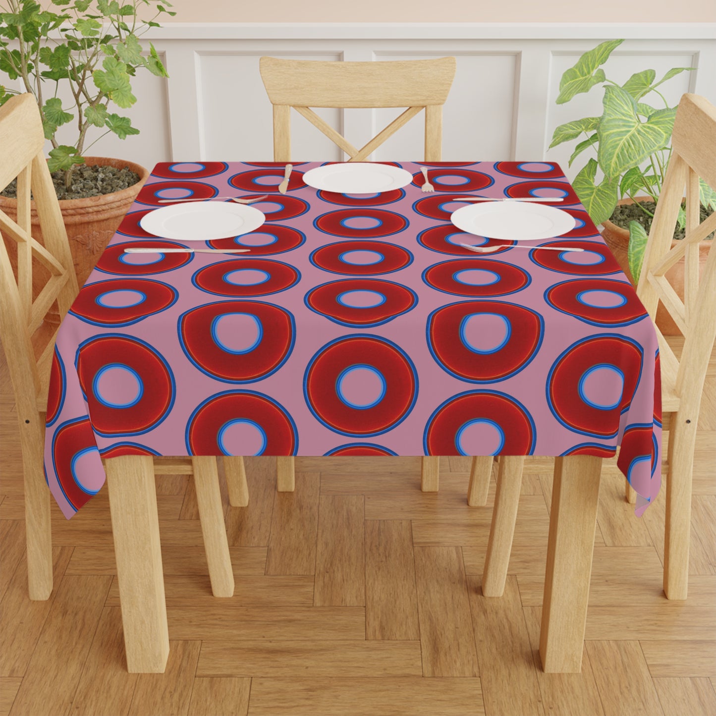 Lumpy Tablecloth - 55.1" x 55.1" - vivid red donuts w/pale magenta background