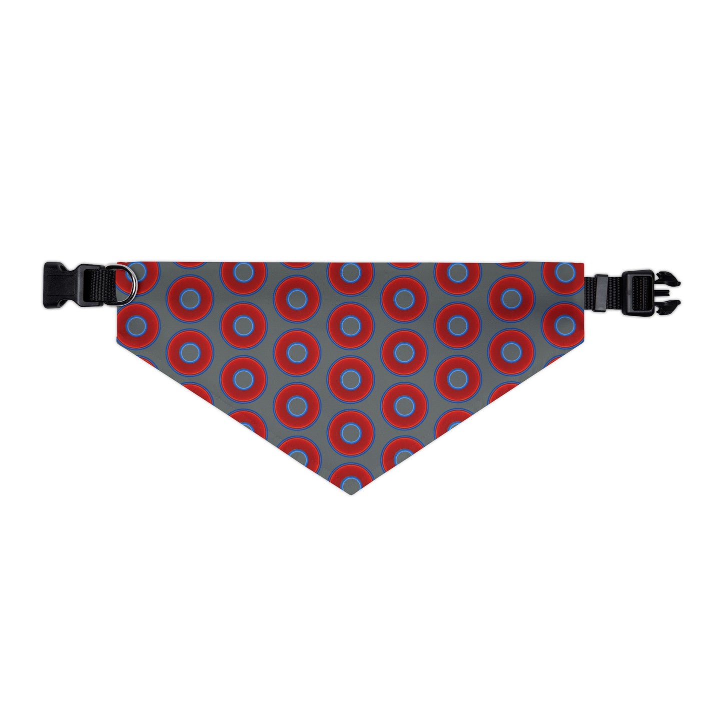 Jim's Lumpy Bandana Pet Collar - vivid red donuts w/dark gray background