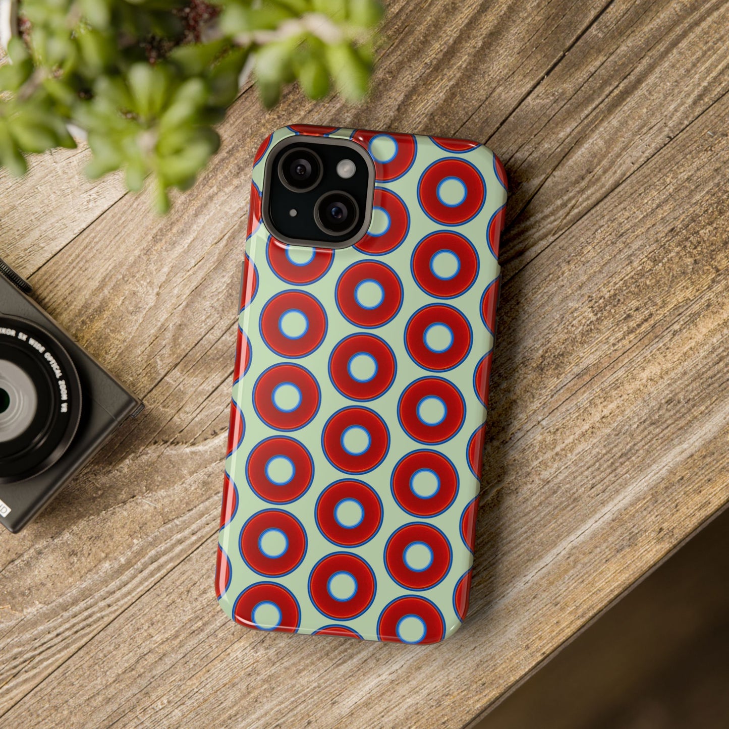 Magnetic Tough Donut Case - red vivid donut print w/seafoam green background