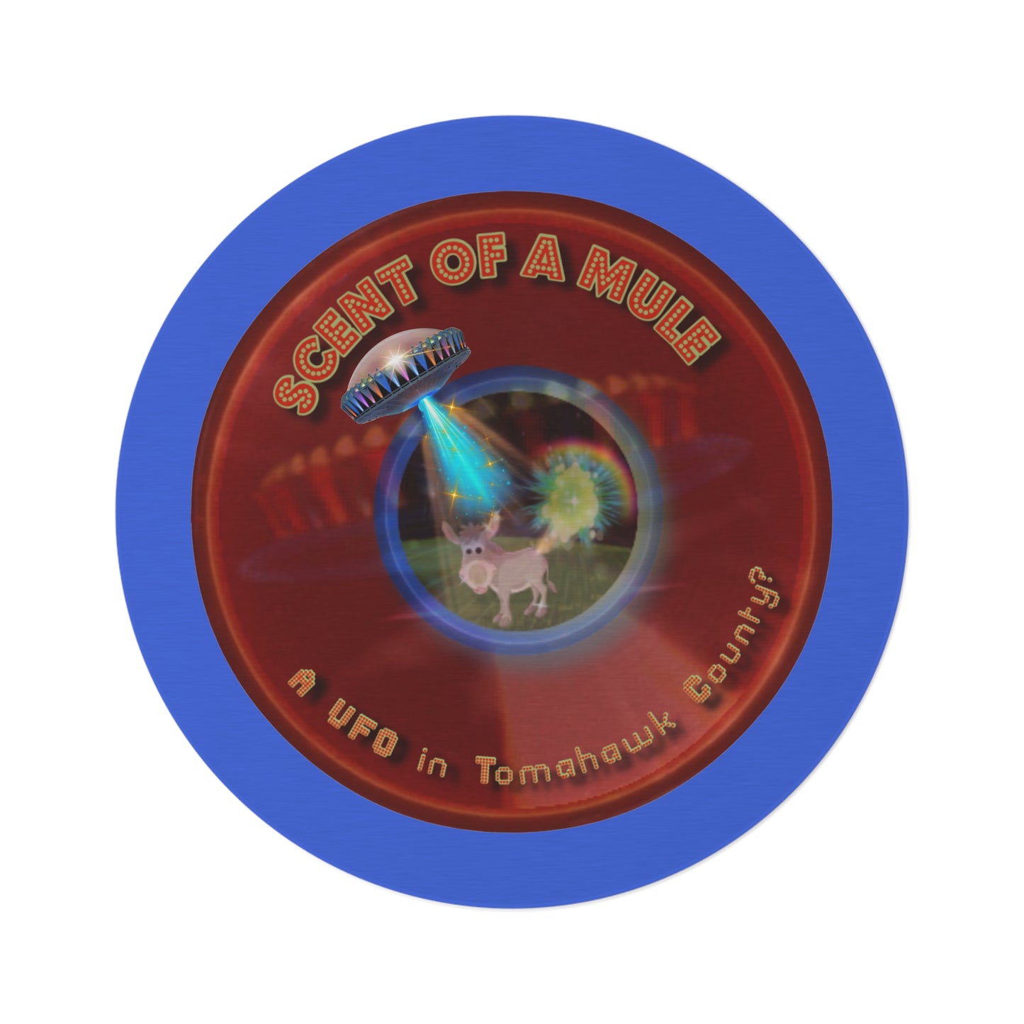 Round Room - 5 ft x 5 ft Lumpy Donut Rug - "Donut Rugs? In Tomahawk County?" - vivid red donut w/royal blue background - variant 3