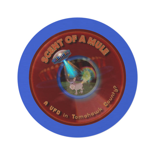 Round Room - 5 ft x 5 ft Lumpy Donut Rug - "Donut Rugs? In Tomahawk County?" - vivid red donut w/royal blue background - variant 3