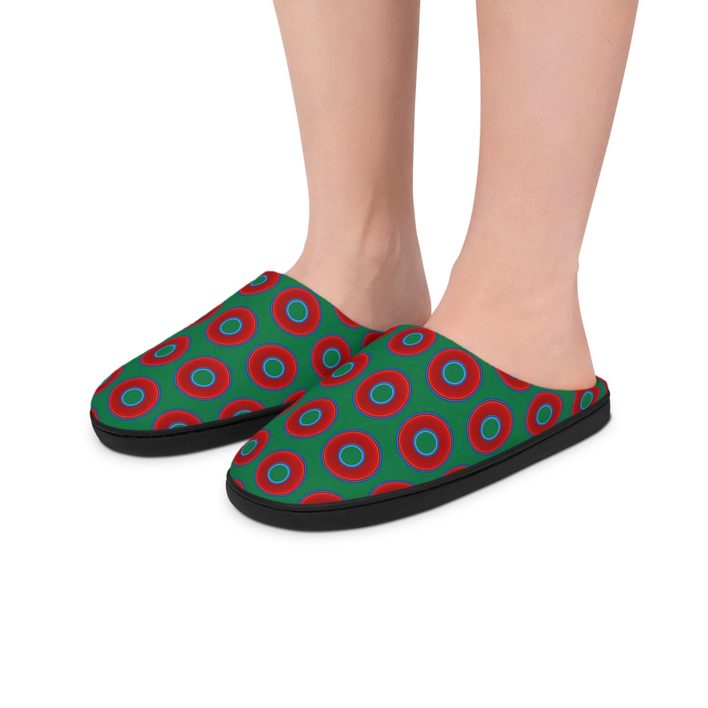 Women's Lumpy Slippers - red vivid donut print w/green background