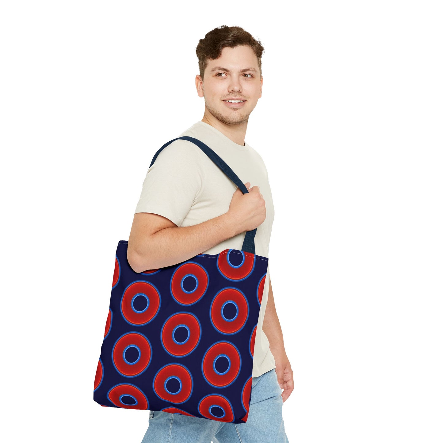 Lumpy Beach/Tote Bag - red vivid donuts w/midnight blue background