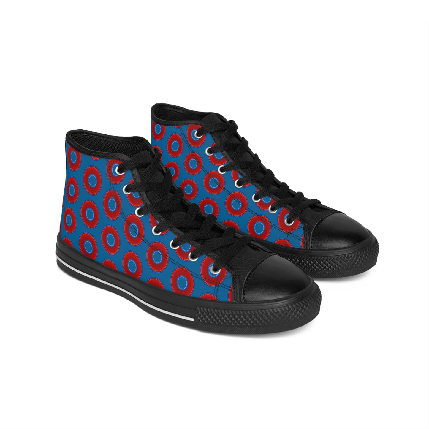 Men's Cushiony Convectors - High Tops - red vivid donuts w/wavy navy blue background