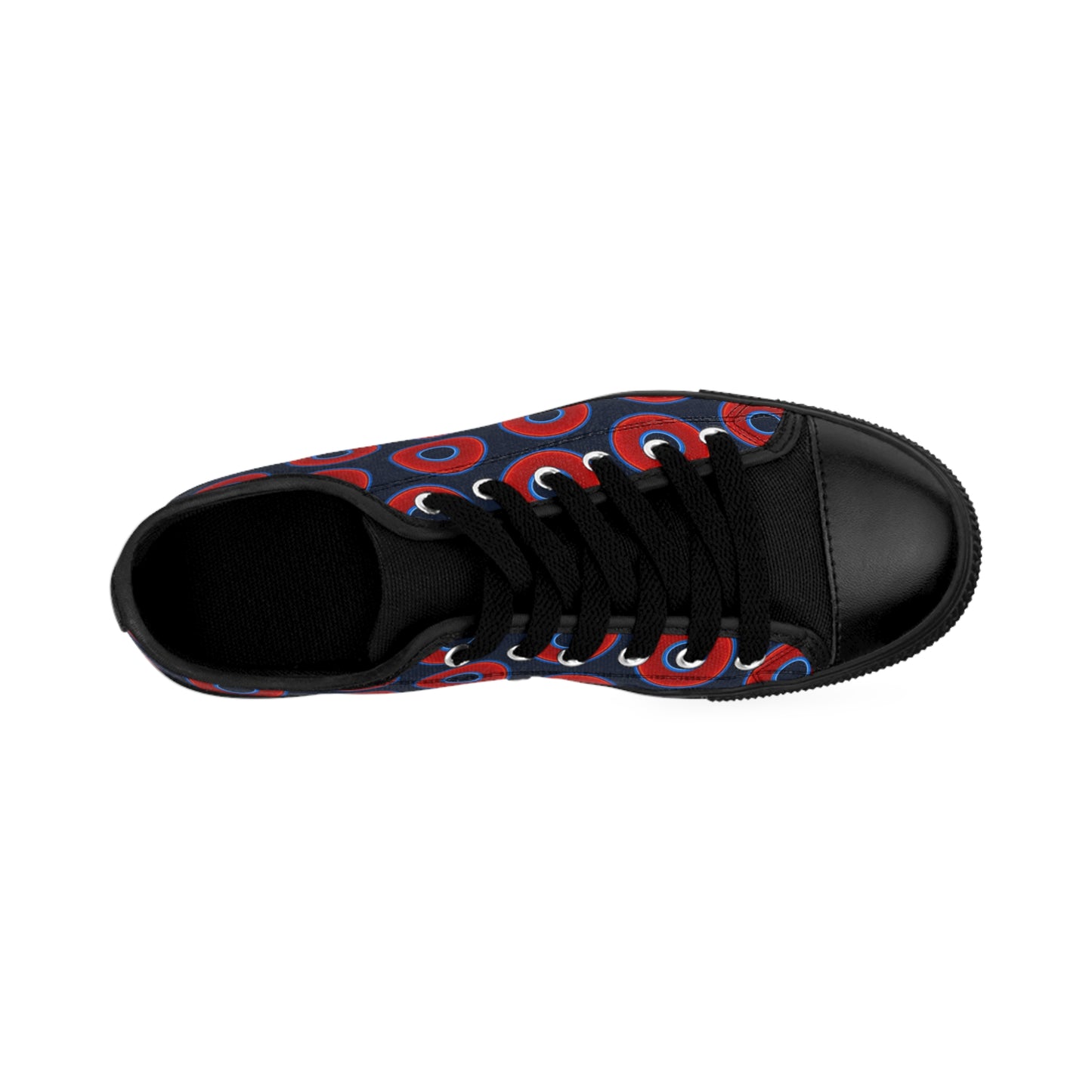Women's Cushiony Convectors - Low Top - large red vivid donut print w/dark teal elite blue background
