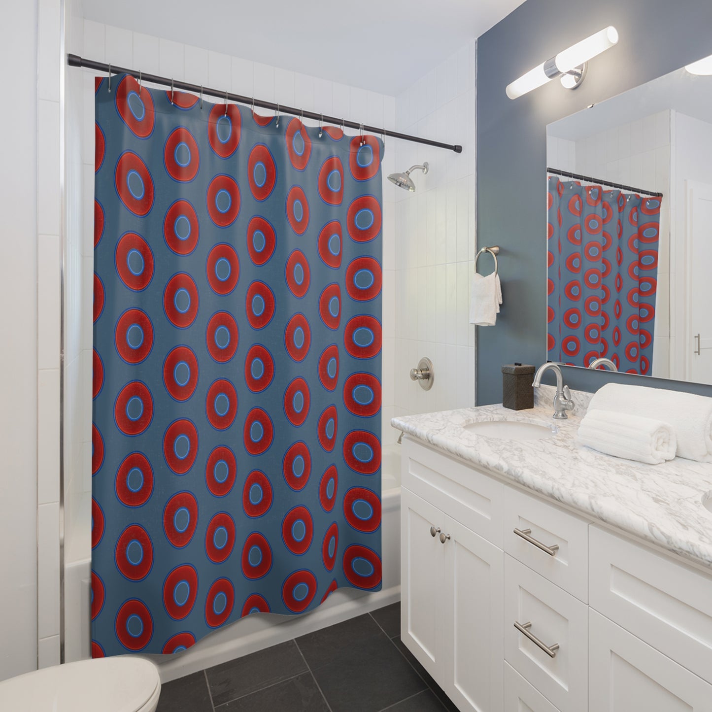 The Curtain With "Donuts" - Lumpy Bath Time Fun - vivid red donuts w/steel blue background