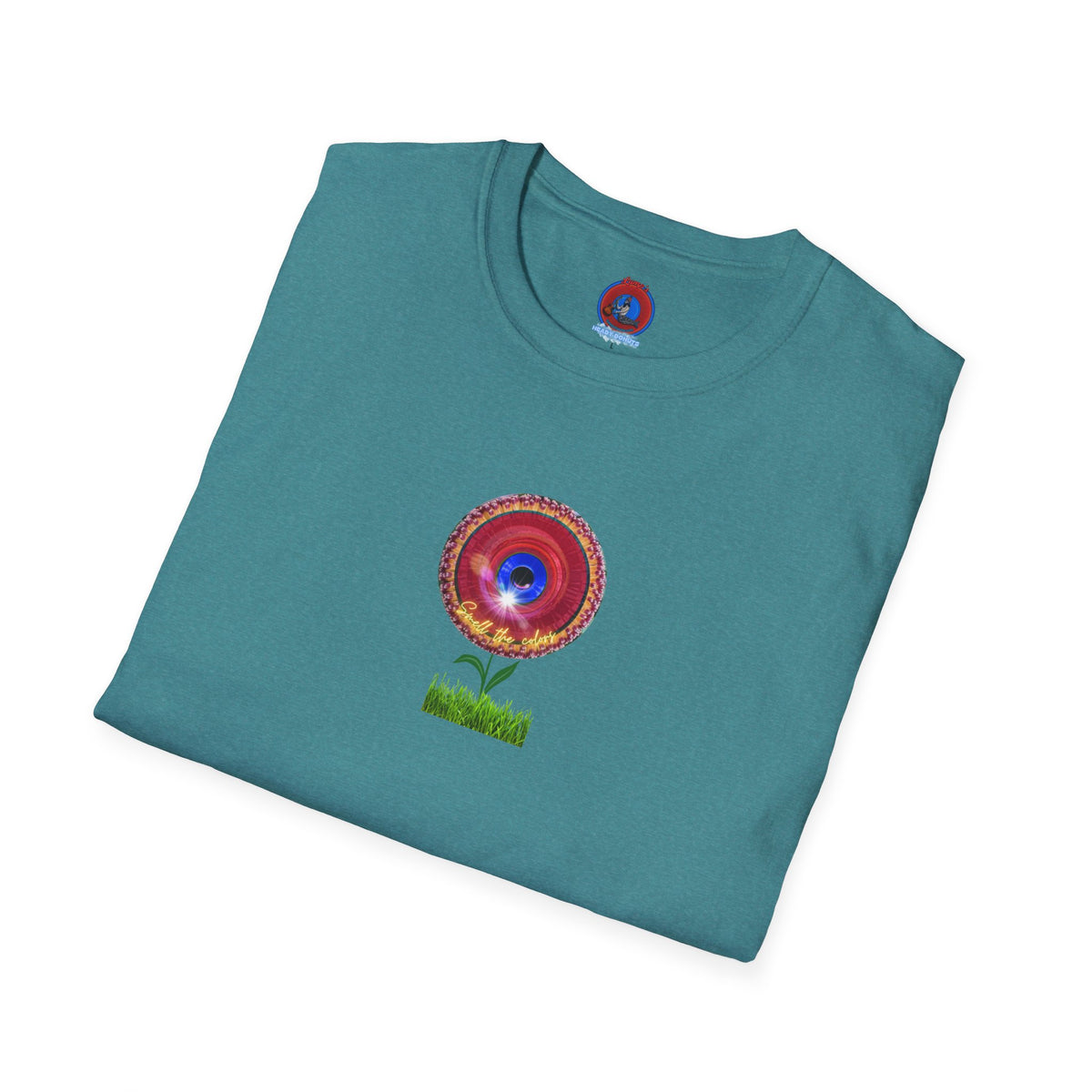 Classic Donut Tee - Unisex Soft-Style - "Smell the Donuts Outside on my Lawn"  " variant 2 - blue donut on red donut/flower